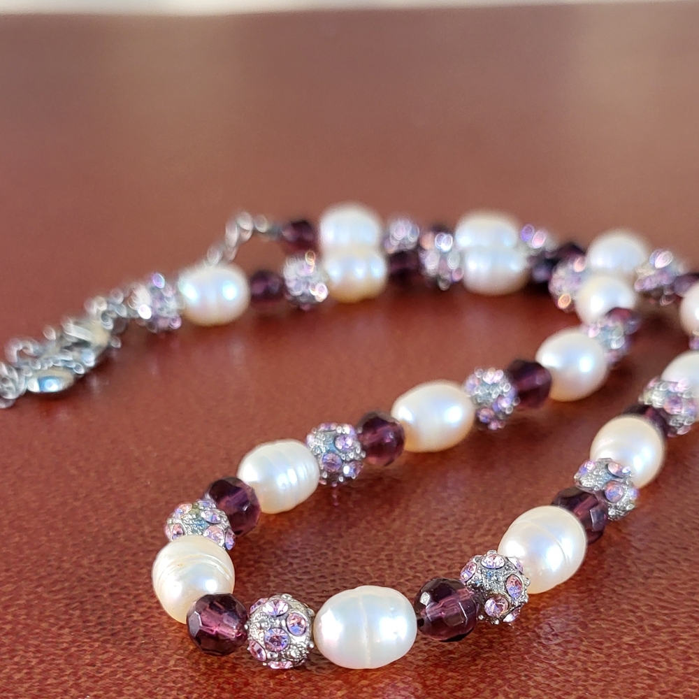 Genuine Pearl and Purple Crystal  Necklace